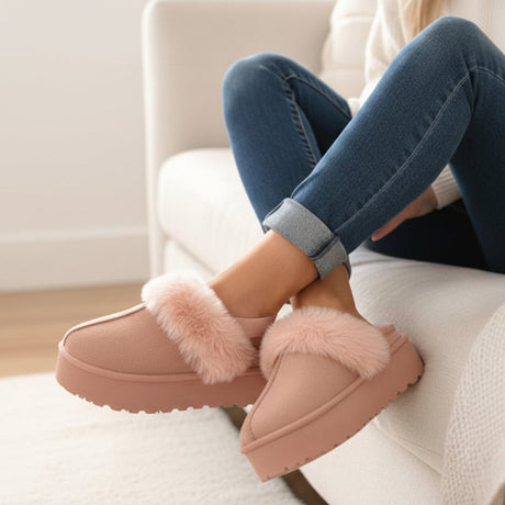 Person wearing pink slippers with fluffy trim sitting on a couch.