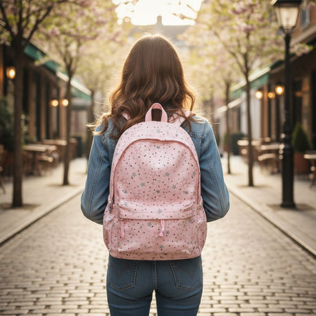 Girl wearing a soft pink star print school backpack