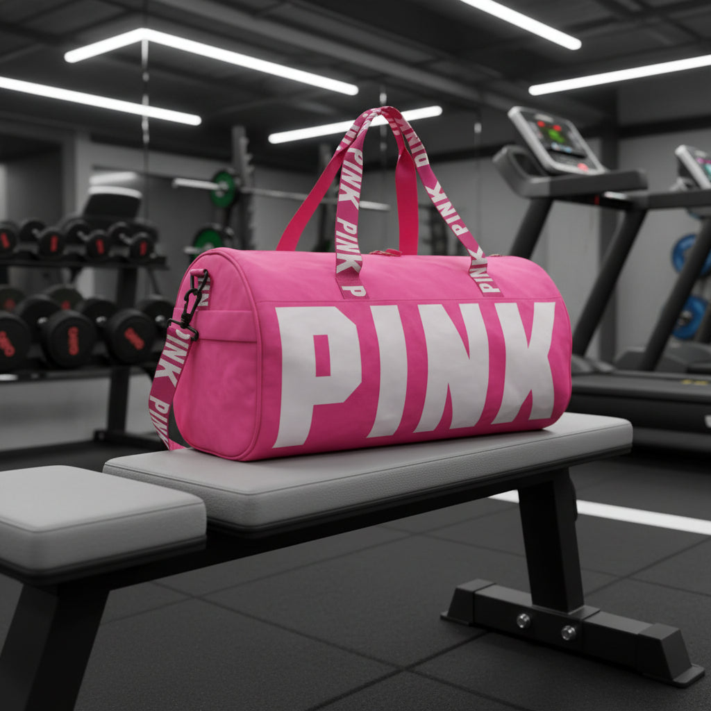 Bright pink gym duffle bag with bold logo print, top handles and adjustable shoulder strap