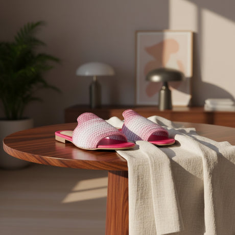 Pink woven handmade sandals on a wooden table with a cozy indoor setting
