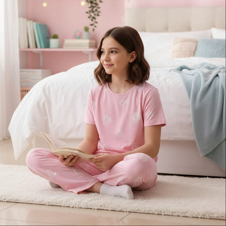 Pink short sleeve pajama set with white outline hearts worn sitting on a rug