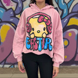 Person wearing a pink hoodie with a cartoon character and 'Easter' text against a colorful graffiti background