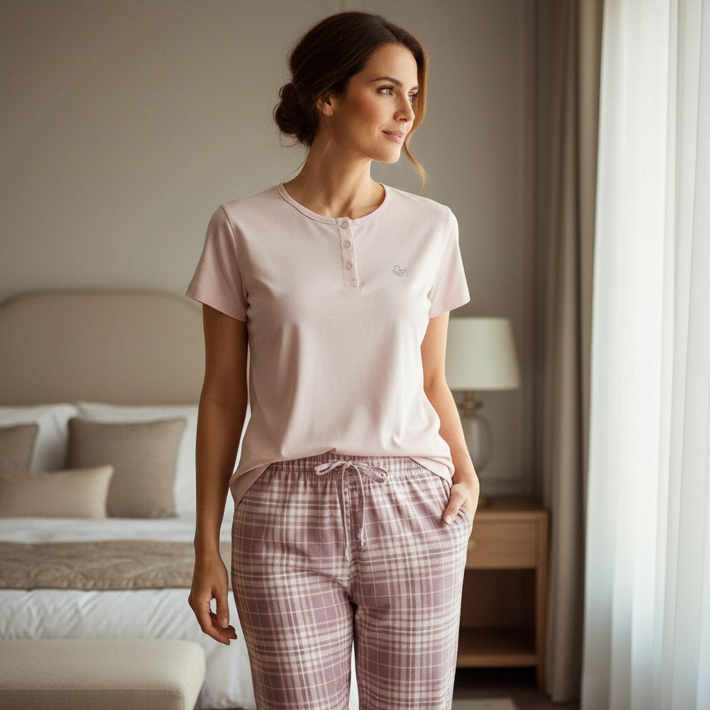 Woman wearing a pink pajama set in a bedroom