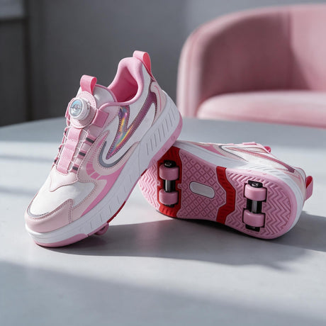 Pink roller shoes shown as a pair, one tipped over to show the front and back wheels on the sole