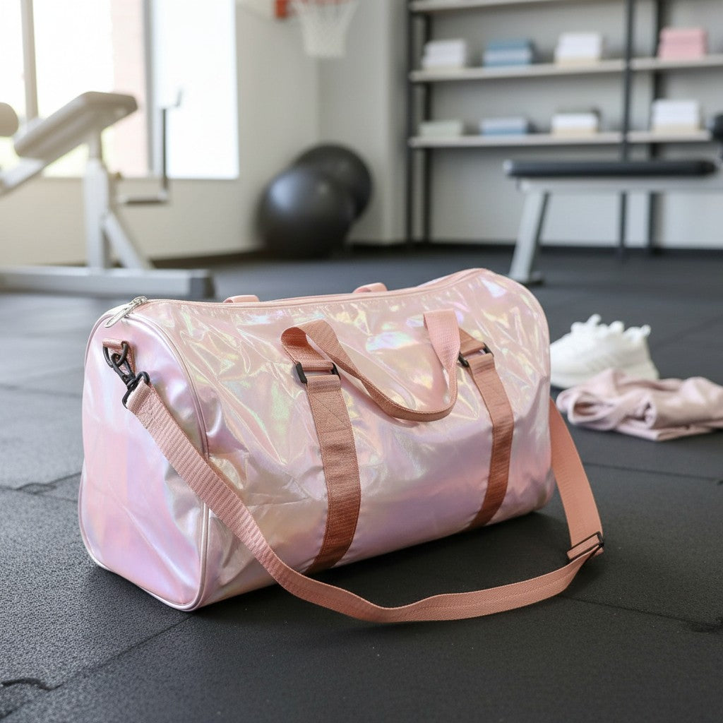Pink holographic gym duffel bag with peach straps, Jack Gifts Online Lebanon