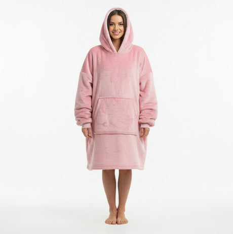 Person wearing a pink hooded robe on a white background