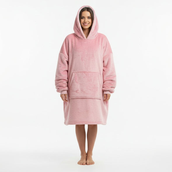 Bright rose pink in a long shaggy pile, hood raised and self lined in the same shade, on white