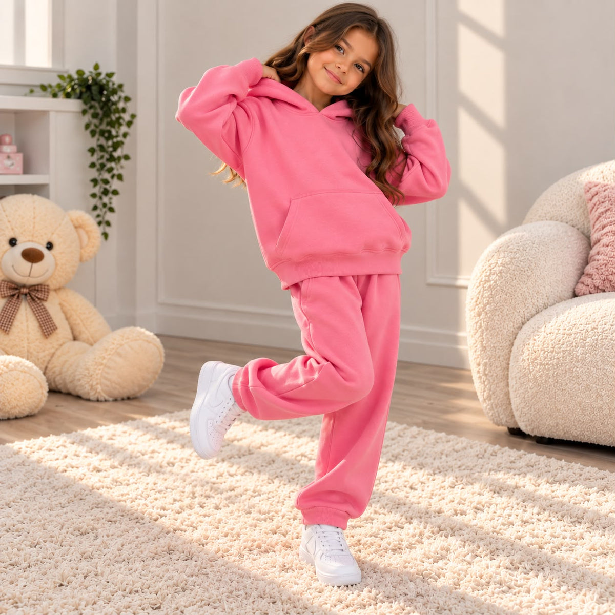 Girl in a hot pink fleece hoodie and matching joggers posing on one leg by a teddy bear