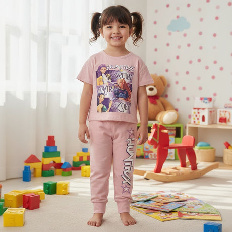 Pink girls set with a Huntrix band tee and matching pink joggers with star print
