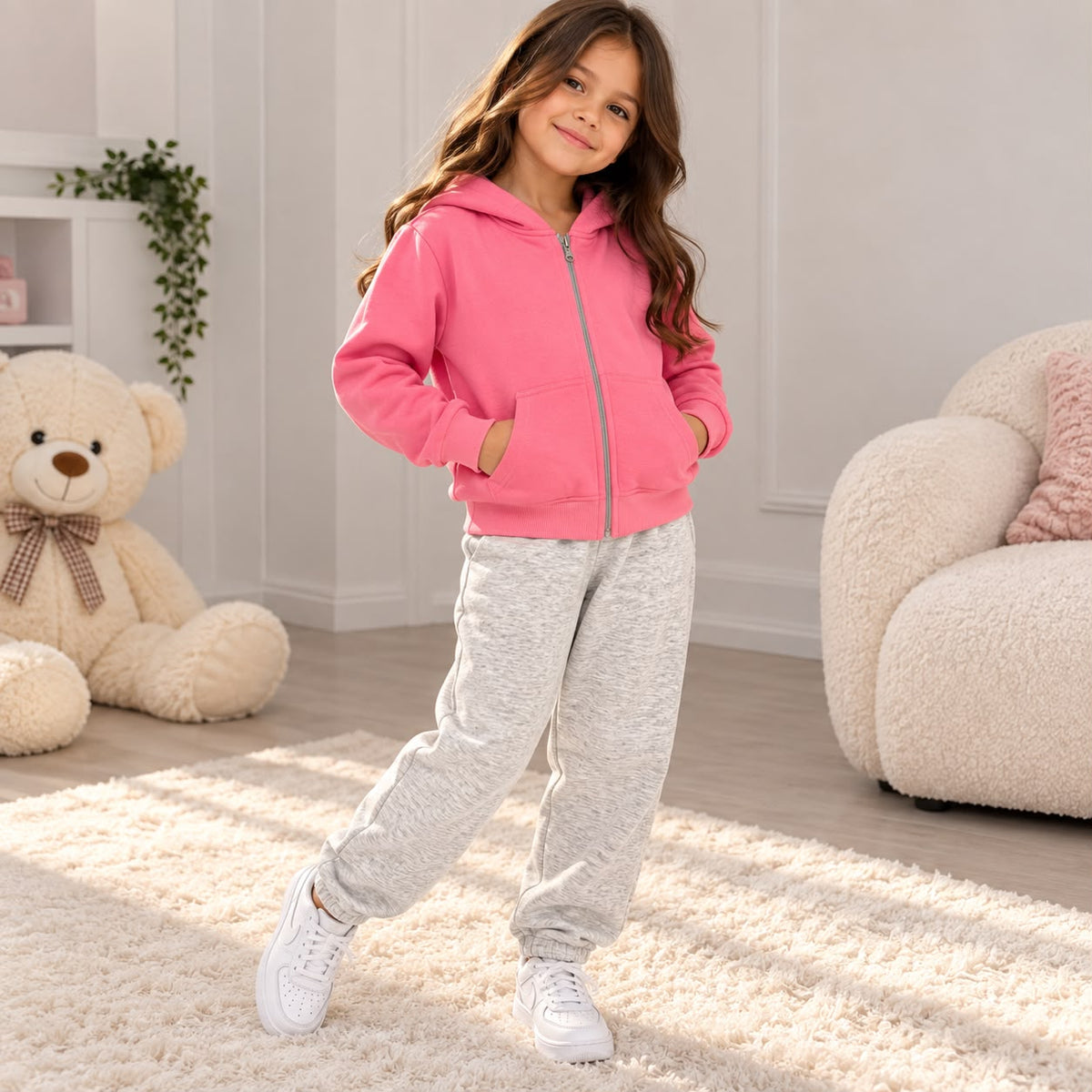 Girl in a pink zip up hoodie and grey marl joggers with white trainers