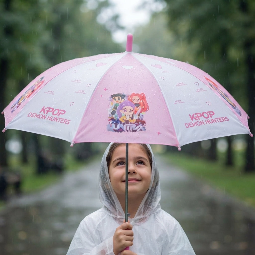 Girl in a clear rain poncho under a pink and white umbrella with a kpop girl group print