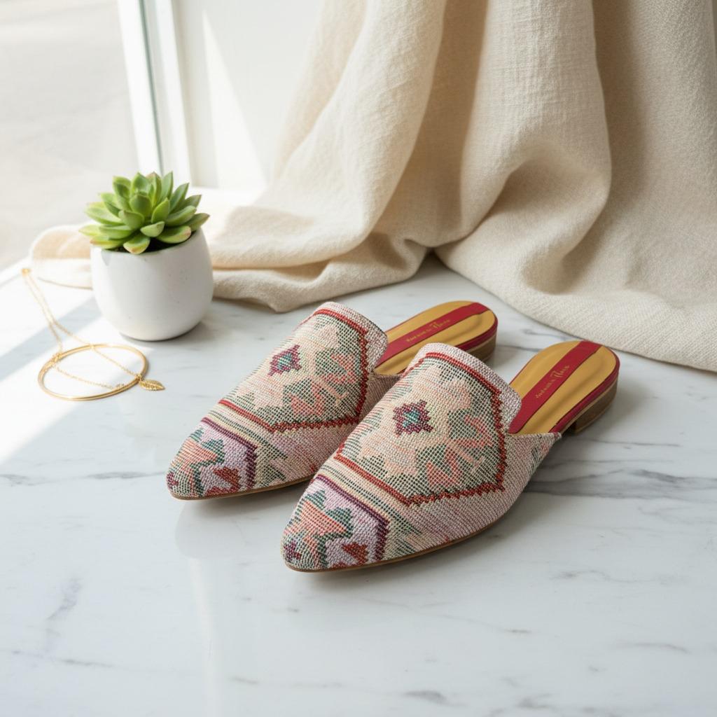 Pair of patterned handmade slippers on a marble surface with a plant and fabric in the background