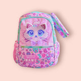Pink cat face school bag with heart print, mint trim and customisable name panel