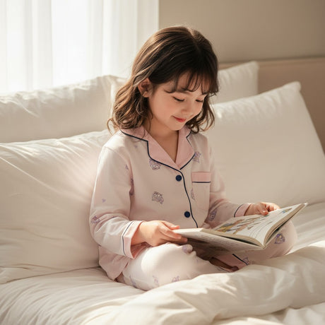 Girl reading a book in bed wearing a pale pink button front pyjama set with navy piping