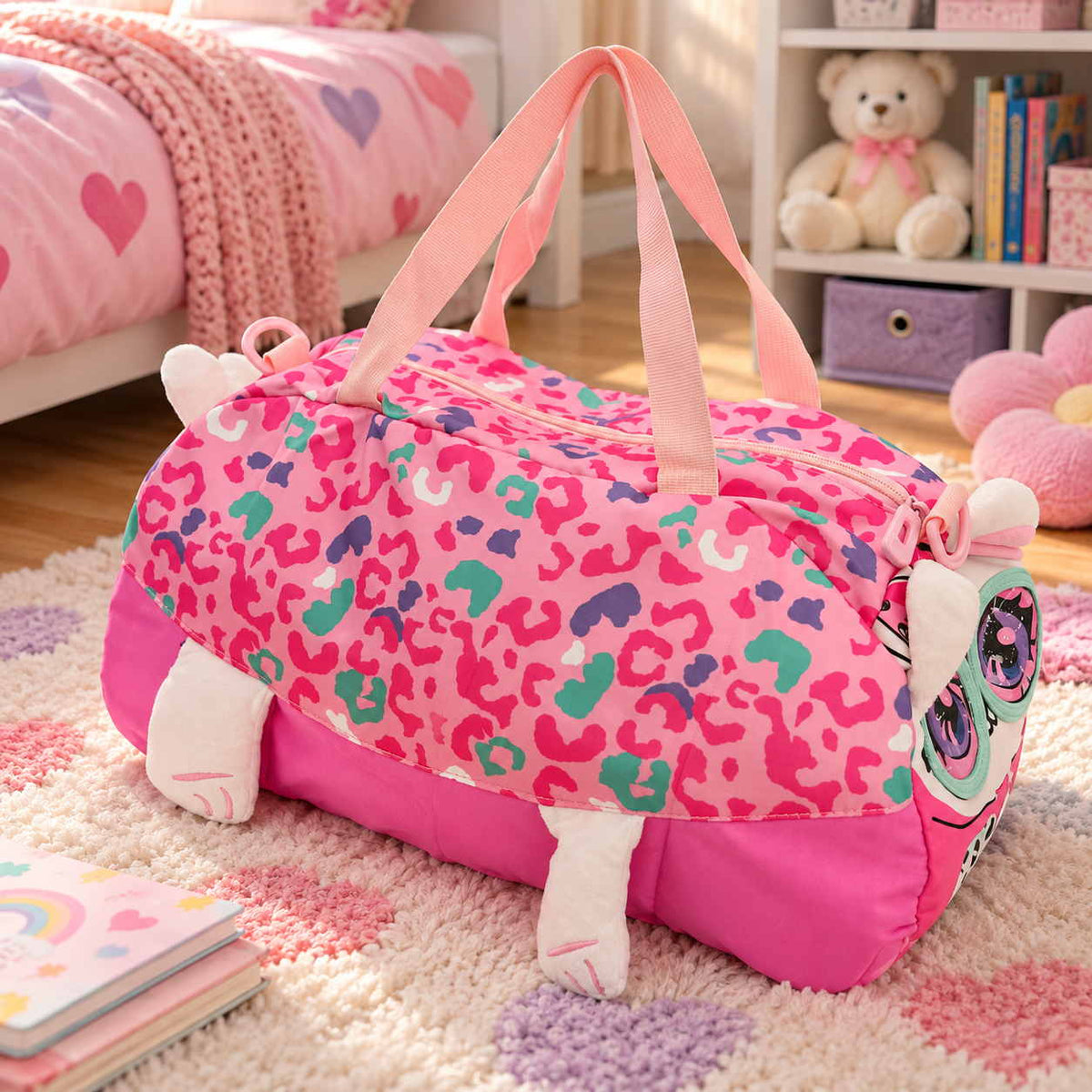 Pink leopard print duffle bag with a kitty face, plush ears and paws on a pastel heart rug