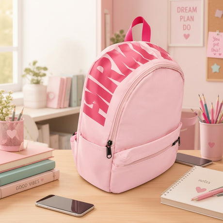 Pale pink girls school backpack with bold pink lettering print, Jack Gifts Online Lebanon