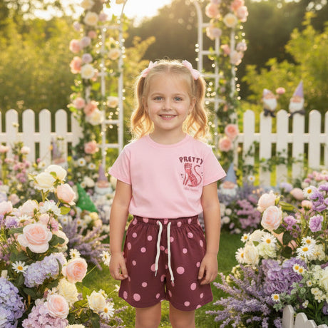 Girl in a pink Pretty cat print tee and burgundy polka dot shorts
