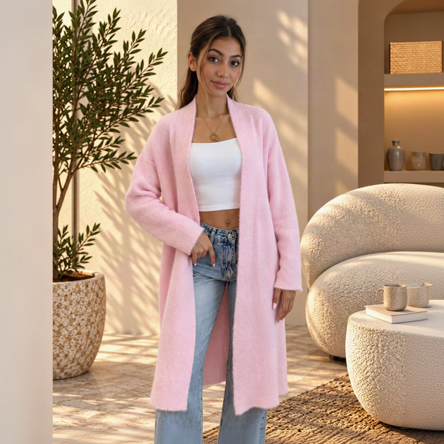 Pink long line open front cardigan coat falling below the knee