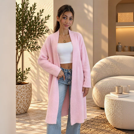 Pink long line open front cardigan coat falling below the knee