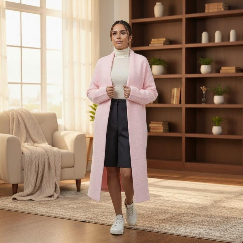 Woman wearing a pink long jacket standing in a room with a bookshelf and armchair