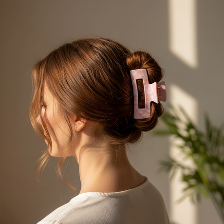 Pink marbled rectangular claw clip holding a low bun, side view