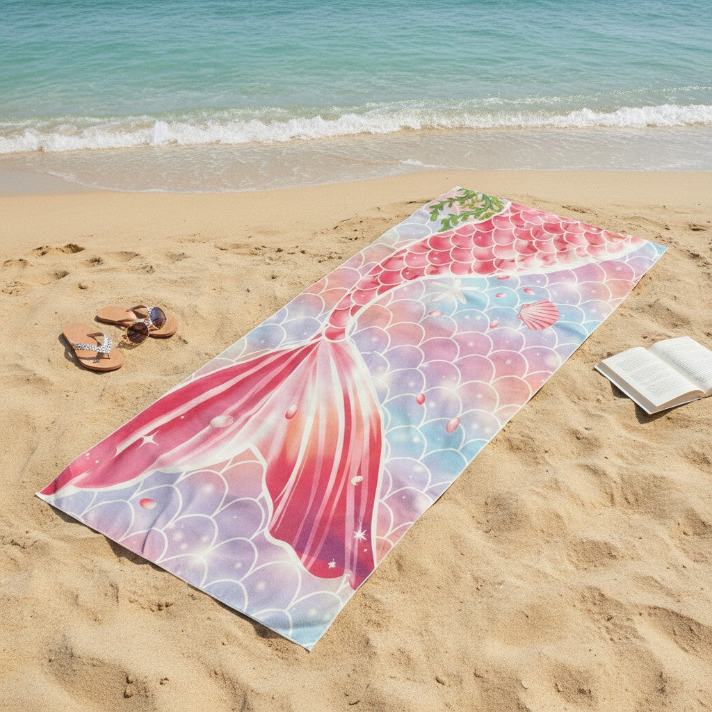 Rose pink mermaid tail beach towel with a pastel scallop scale print on sand