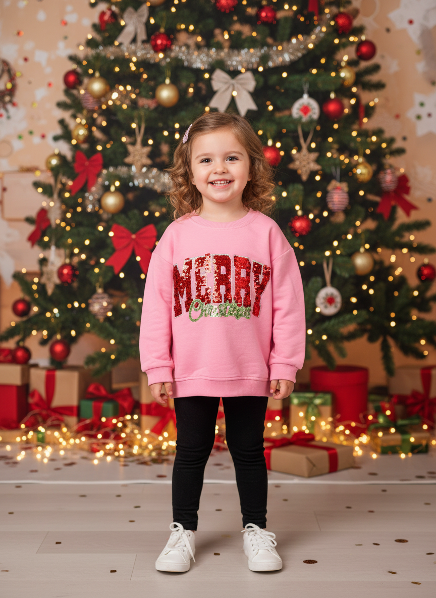 Girl in a pink Merry Christmas sweatshirt set smiling in front of a red and gold Christmas tree