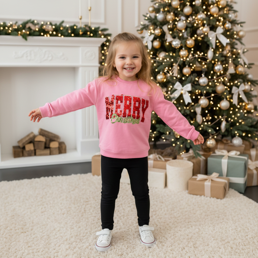 Girl in a pink Merry Christmas sweatshirt and black leggings with arms out by a Christmas tree