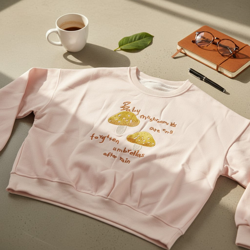 Pink mushroom sweatshirt worn outdoors with a warm drink at a cafe table