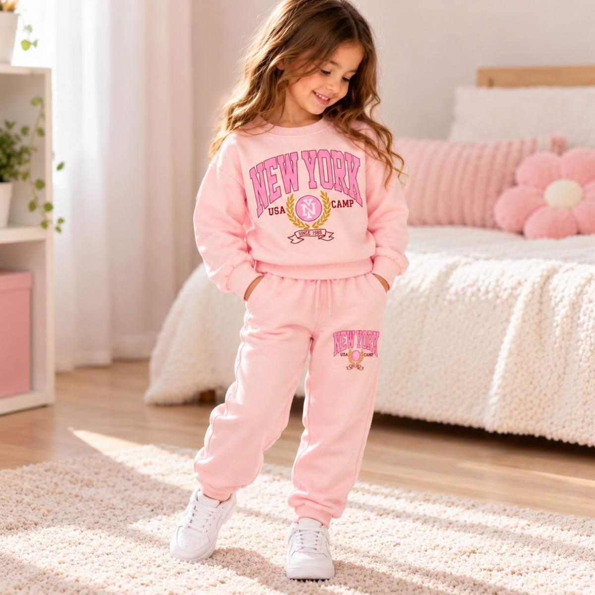Girl in a pink New York camp crest sweatshirt and matching joggers standing in a pink bedroom