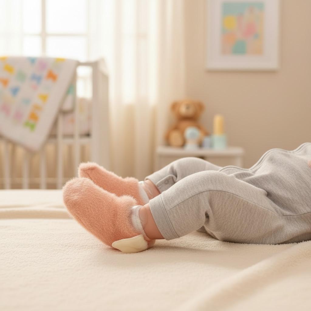 Peach coral fuzzy baby booties with white cuff trim and a cream sole patch