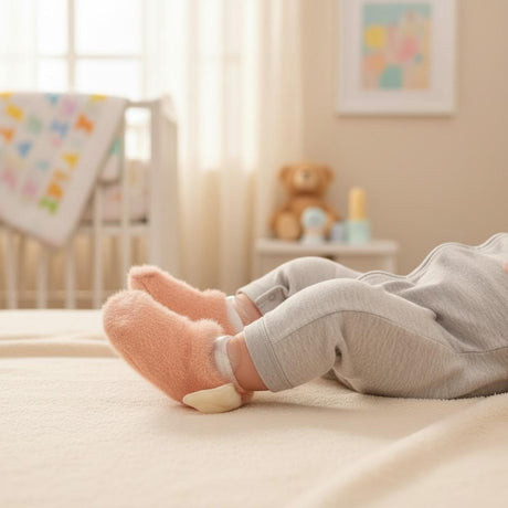 Peach coral fuzzy baby booties with white cuff trim and a cream sole patch