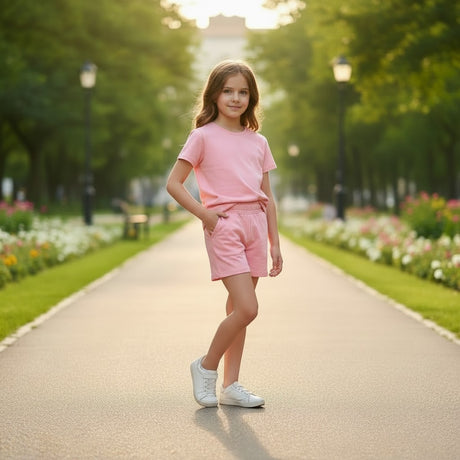 Girl in a pink tee and matching shorts set on a park path