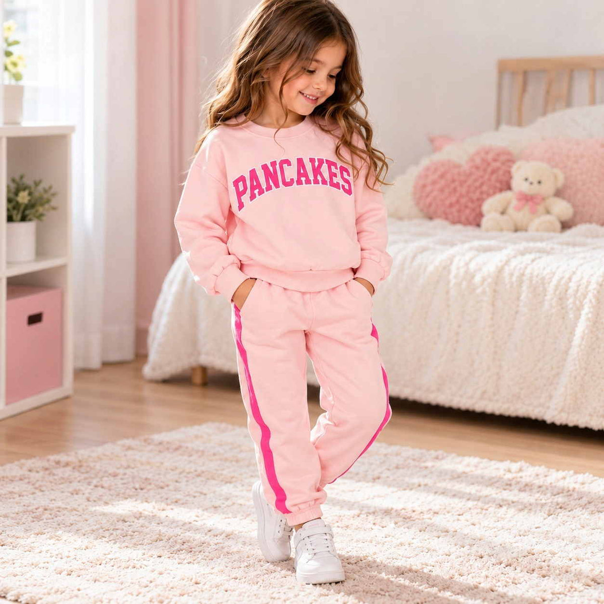 Girl in a pink Pancakes sweatshirt and pink joggers with hot pink side stripes