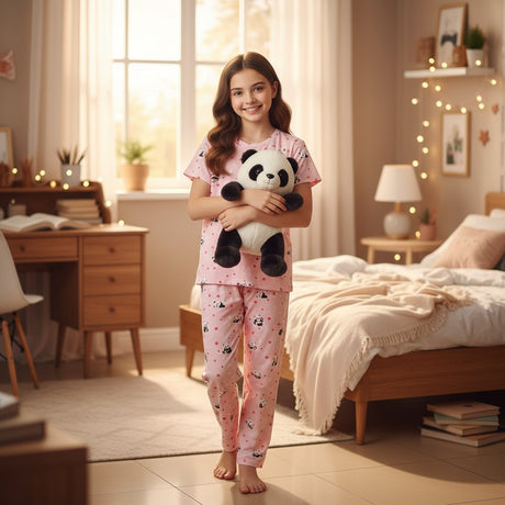 Girl in a pink panda print pajama set holding a panda plush