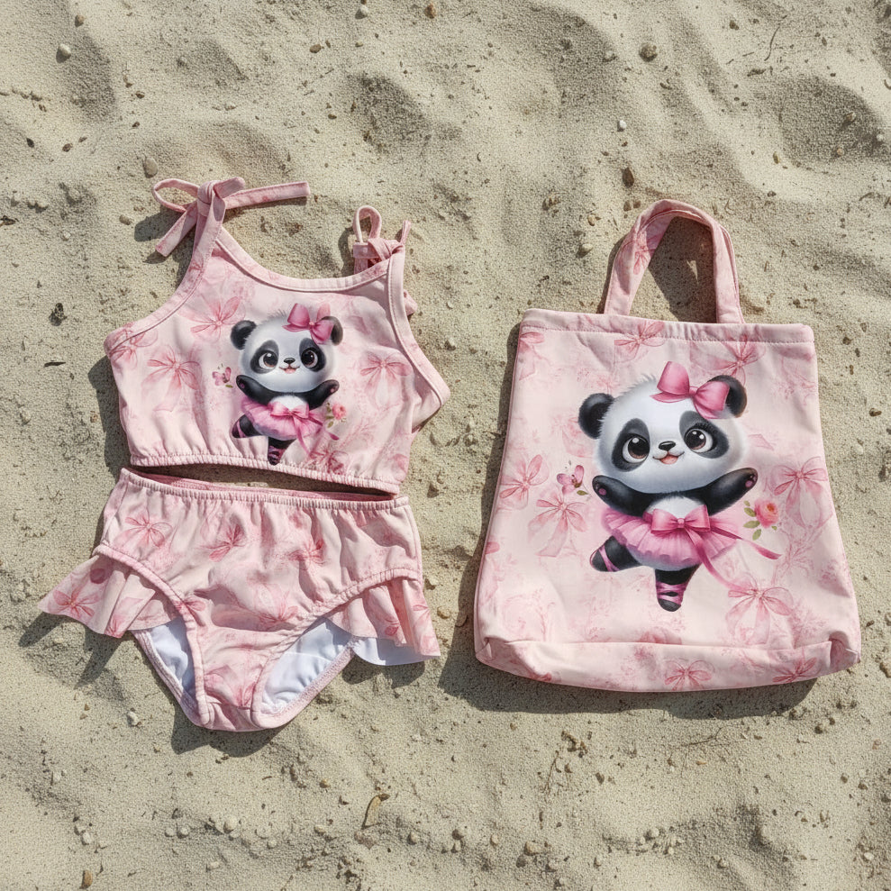 Pink ballerina panda print swimsuit top and bottom flat lay with matching tote bag