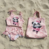 Pink ballerina panda print swimsuit top and bottom flat lay with matching tote bag