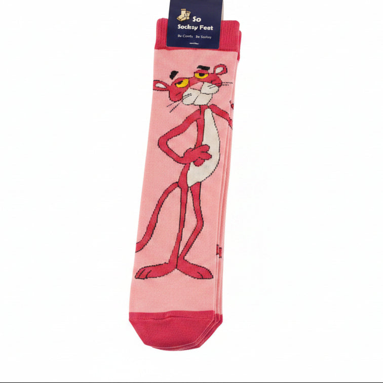 Single pink kids sock laid flat showing the full body Pink Panther character print