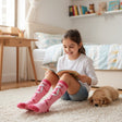 Girls pink knee high socks with a full body Pink Panther cartoon print and deep pink cuffs and toes