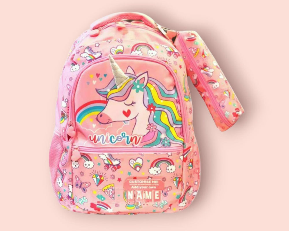 Rainbow and roller skate print unicorn school bag with customisable name panel