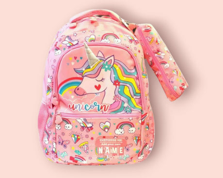 Rainbow and roller skate print unicorn school bag with customisable name panel