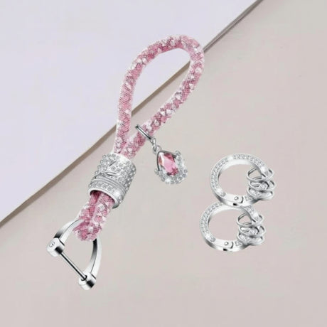 Pink rhinestone rope keychain with crystal teardrop charm