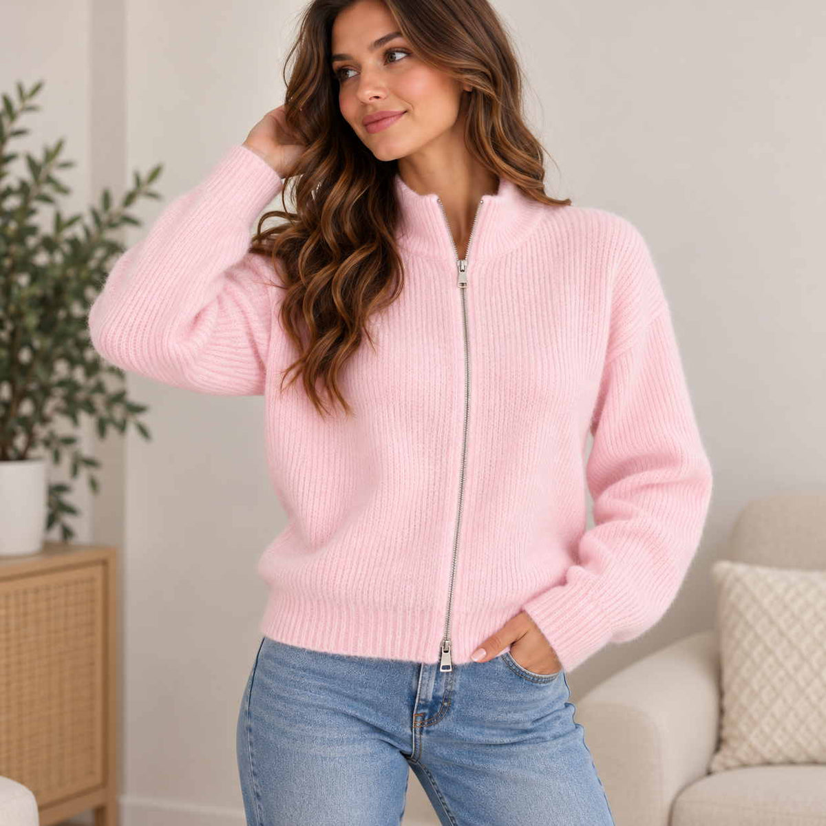 Woman in a pink ribbed knit zip up cardigan with a funnel neck and light blue jeans