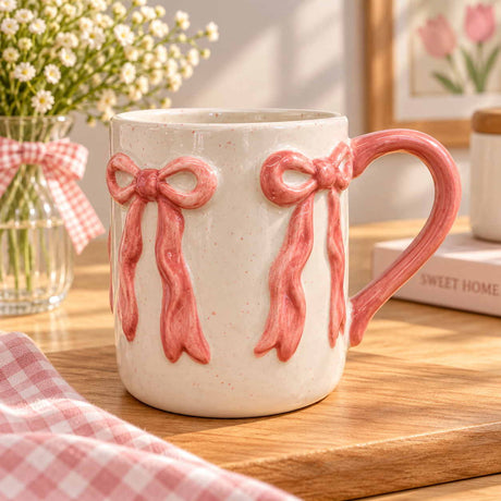 Two long tailed pink bows run down a tall speckled mug with a curved pink handle