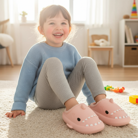 Girl sitting on a cream rug in soft pink shark slippers with fleece trim and teeth