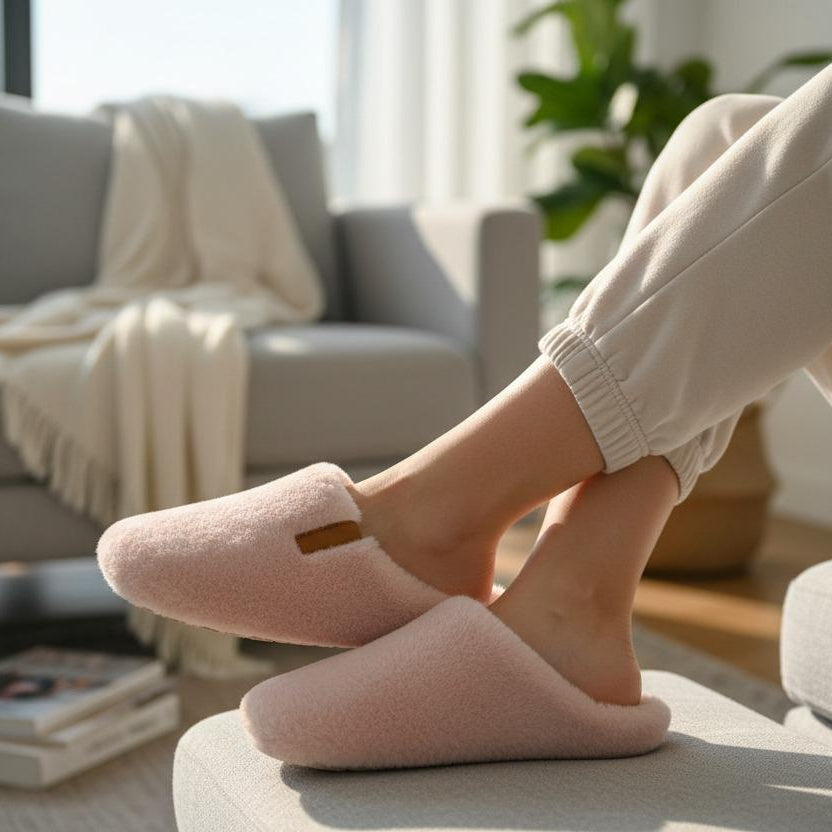 Feet up on a cream ottoman in low sunlight, small tan tab visible on the outer side