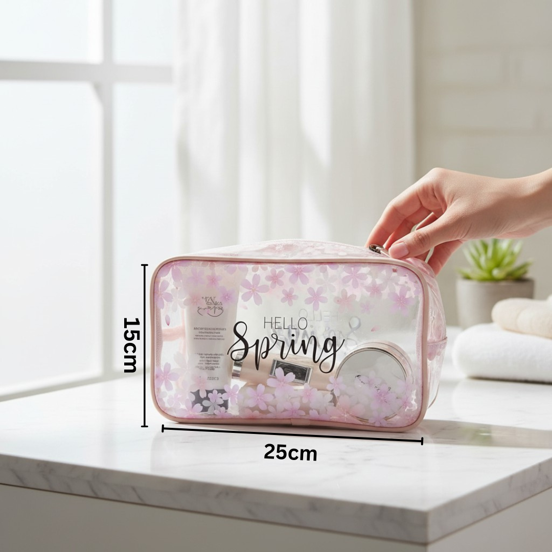 Pink 'Hello Spring' pouch with measurements 15x25cm on a marble surface