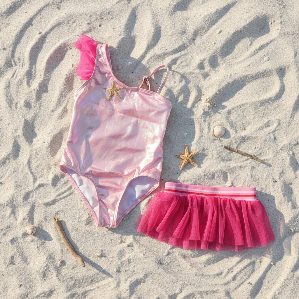 Pink starfish swimsuit and tulle skirt flat lay with shell props