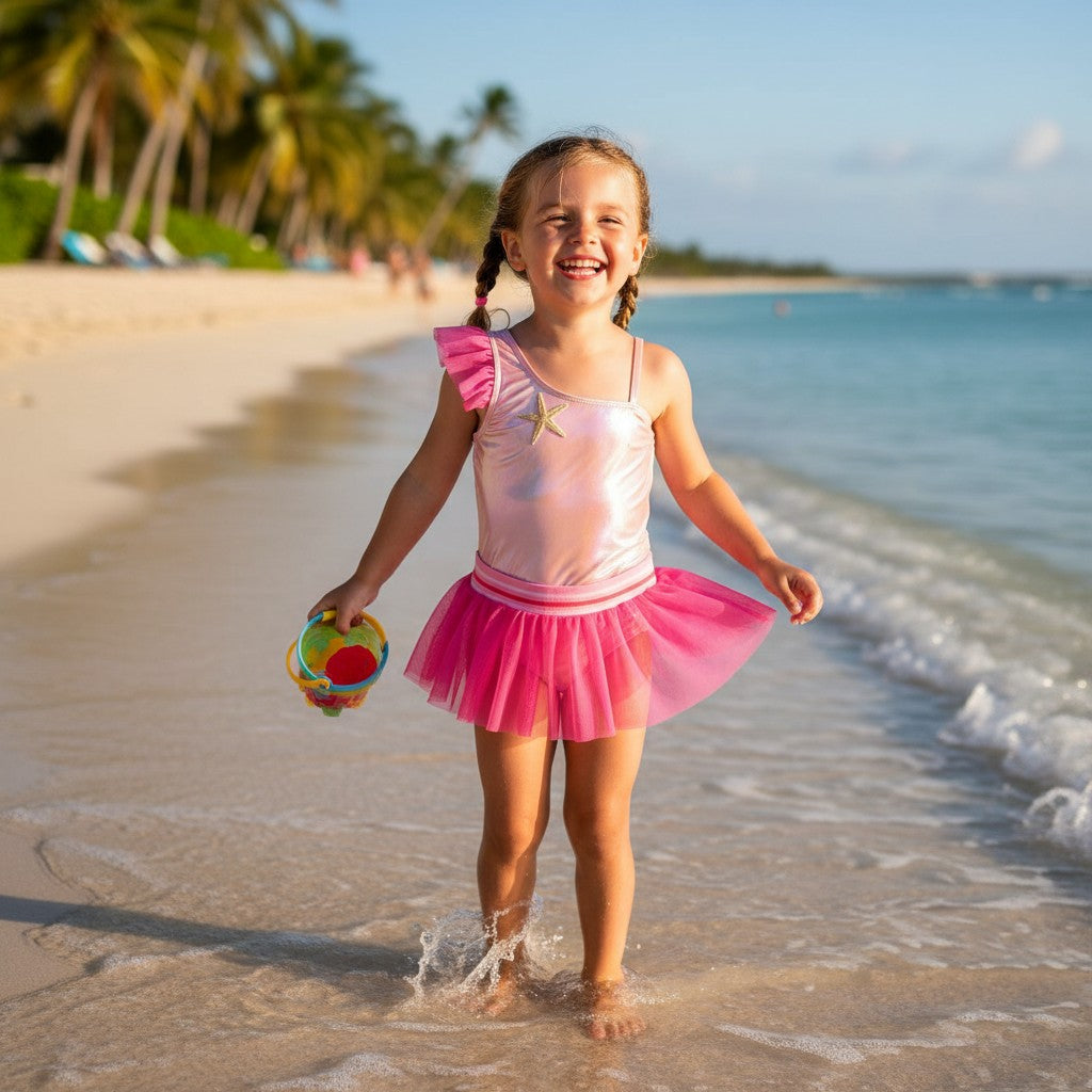 Pink starfish tutu swimsuit worn on the beach with a tulle skirt