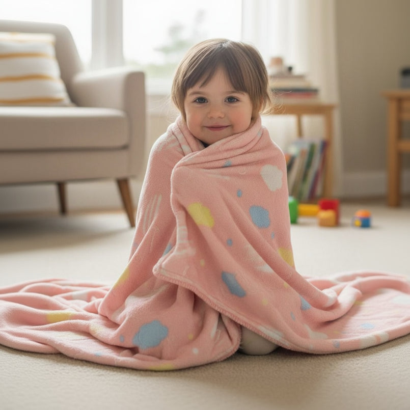 Child wrapped in a pink starry fleece blanket on the floor